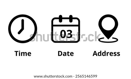 Collection of icons for location, date and time of event marking, day 03.