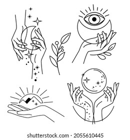 Collection of icons and logo with female hands. One line vector illustration. Trend mystical concept