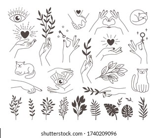 Collection icons magic hands tattoo. Design logos female vector hands with mystical illustrations heart, key, occult eye, cat icon and set of branches on white back