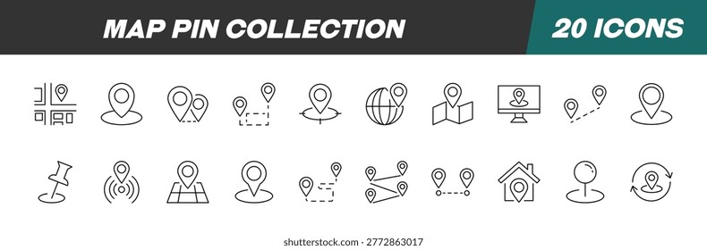 Collection of Icons of Map Pin for Shops and Stores. Suitable for books, stores, shops. Editable stroke in minimalistic outline style. Symbol for design 