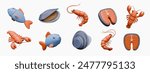 Collection of icons for marine, seafood menu. Realistic objects in different positions