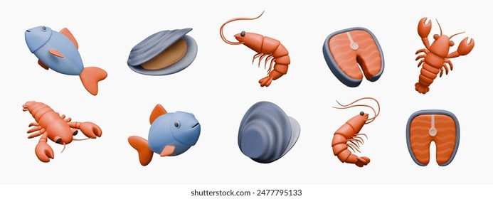 Collection of icons for marine, seafood menu. Realistic objects in different positions