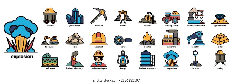 A collection of icons for mining and construction. The icons include a man in a hard hat, a truck, a building, and a diamond. The icons are arranged in a grid, with each icon having a different color