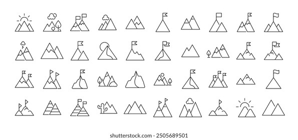 Collection of Icons of mountains as symbol of travel and hiking. Suitable for books, stores, shops. Editable stroke in minimalistic outline style. Symbol for design
