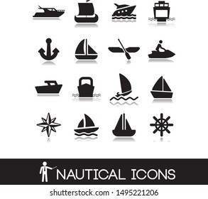 Collection icons with nautical and marine symbols, cruises and sea walks.
