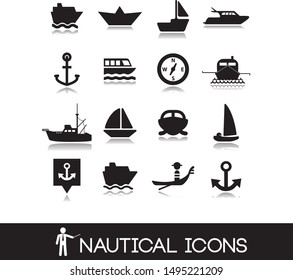 Collection icons with nautical and marine symbols, cruises and sea walks.