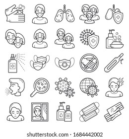 Collection of icons on the theme of coronavirus. Medical badges. Flat line style. Prevention and protection from the virus. Protective equipment, personal hygiene, symptoms, infographics.