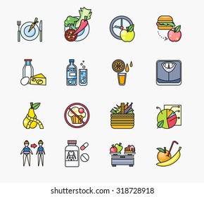 Collection of icons on theme diet. Food healthy, fruit apple, fresh, ingredient vitamin vegetarian, vegetable and pills, organic juicy, ripe orange, freshness citrus, calorie and water, illustration