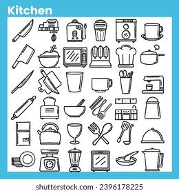 collection of icons on the theme of kitchen equipment, icons hand drawn in outline style