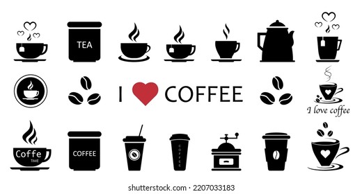 Collection of icons on the theme of tea and coffee. Contours and silhouettes of cups.