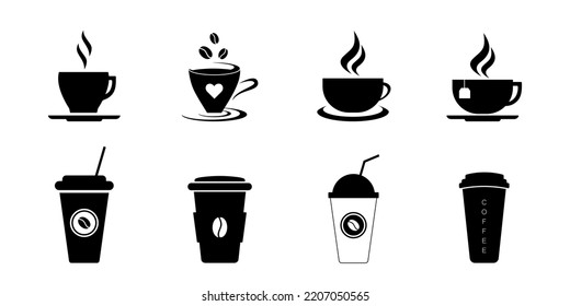 Collection of icons on the theme of tea and coffee. Contours and silhouettes.