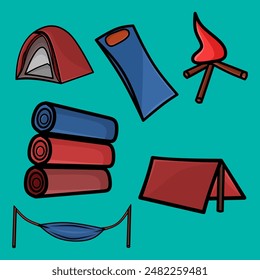 Collection of icons on a tosca background related to camping equipment vector illustration