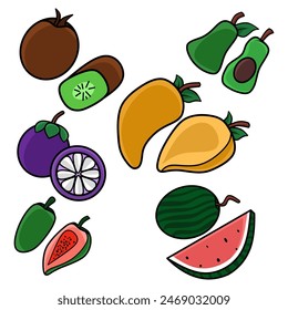 Collection of icons on a white background related to fruit table theme vector illustration