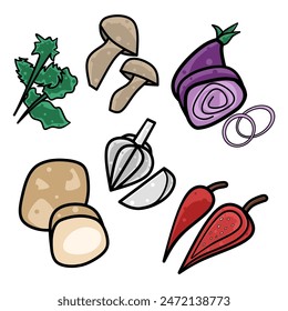 Collection of icons on a white background related to vegetable table theme vector illustration