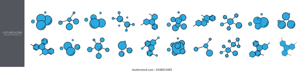 A collection of icons with outlines of molecules, atomic compounds in blue on a white background. The structure of the substance. Formulas of molecules and chemical compounds. Vector illustration.