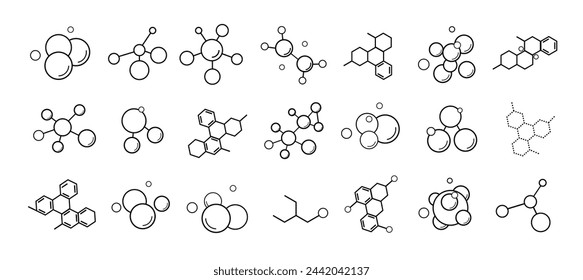 Eine Sammlung von Symbolen mit Umrissen von Molekülen auf weißem Hintergrund. Die Struktur der Substanz. Formeln von Molekülen und chemischen Verbindungen. Eine Reihe wissenschaftlicher Symbole. Vektorgrafik.