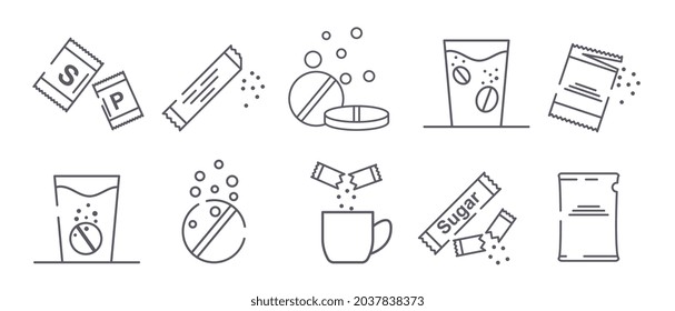 Collection of icons with packages. Set of stickers with effervescent tablet, sachet with powdered sugar. Design element for application. Cartoon flat vector illustrations isolated on white background