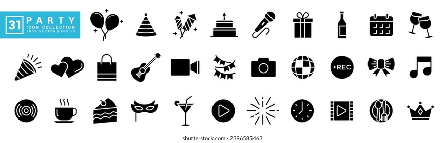 Collection of icons for party, birthday, carnival, new year, event, anniversary, celebration, vector editable and resizable EPS 10