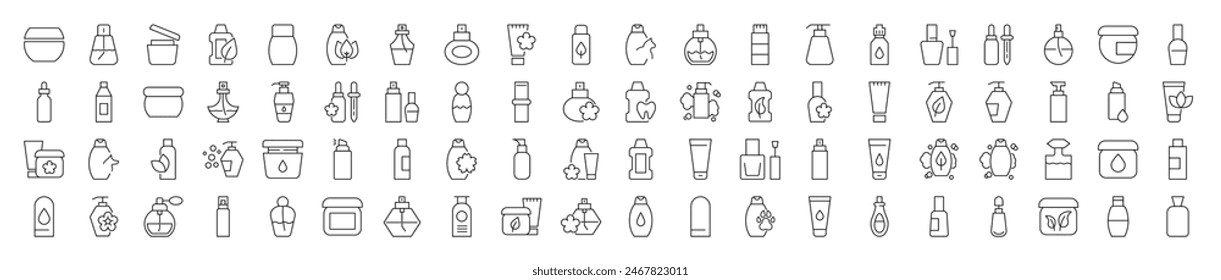 Collection of Icons of perfume, shower gel, shampoo, cream for Shops and Stores. Suitable for books, stores, shops. Editable stroke in minimalistic outline style. Symbol for design 