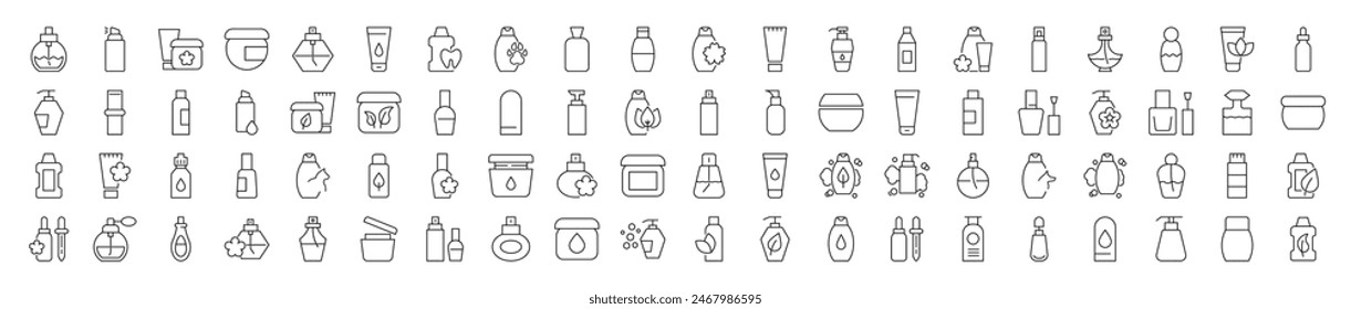 Collection of Icons of perfume, shower gel, shampoo, cream. Suitable for books, stores, shops. Editable stroke in minimalistic outline style. Symbol for design 