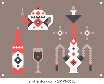 A collection of icons of pixels for the cafe in the oriental style. Hookah, teapot, wine.