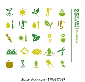 Collection of icons for plant care. Green icons.