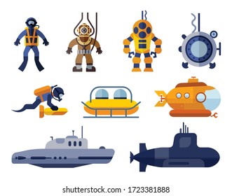 Collection of icons presenting different models of diving suit and submarines. Set of flat icons of underwater transport.