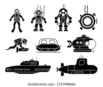 Collection of icons presenting different models of diving suit and submarines. Set of icons of underwater transport.