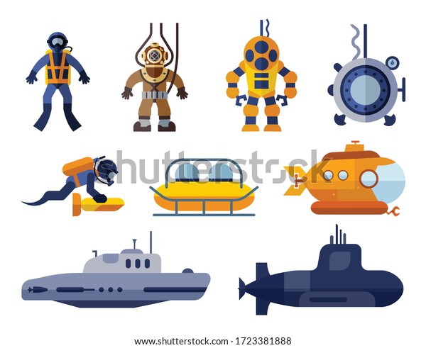 潜水服や潜水艦のさまざまなモデルを示すアイコンのコレクション 水中輸送の平らなアイコンのセット のベクター画像素材 ロイヤリティフリー