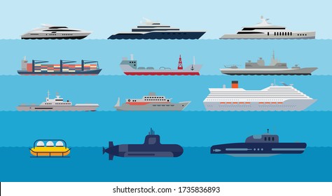 Collection of icons presenting different types of ships and submarines. Set of flat icons of water transport. Flat illustration of overseas ships. 