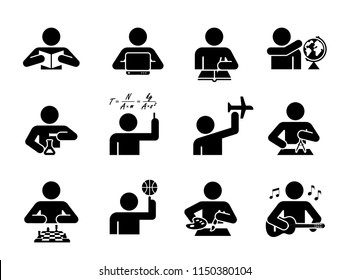 Collection of icons presenting education and different school subjects, science, art, history, geography, chemistry, maths, music, sports. Student in school attending classes. Pictogram icon set. 