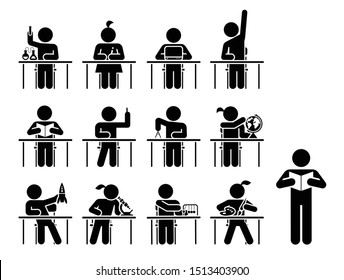 Collection of icons presenting education and different school subjects, science, art, history, geography, chemistry, maths, music, chemistry. Students in school attending classes. Pictogram icon set. 