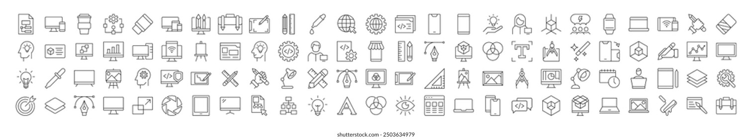 Collection of Icons of programming, coding, web design, engineering for Shops and Stores. Suitable for books, stores, shops. Editable stroke in minimalistic outline style. Symbol for design