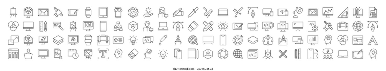 Colección de iconos de programación, codificación, Diseño web, ingeniería. Adecuado para libros, tiendas, tiendas. Trazo editable en estilo de contorno minimalista. Símbolo para el diseño