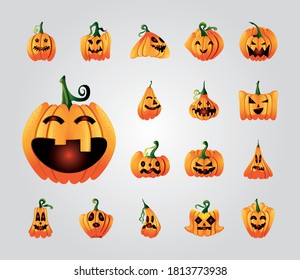 collection of icons with pumpkins face for halloween vector illustration design
