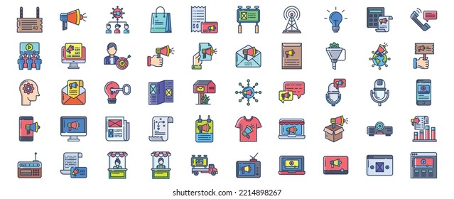 Collection of icons related to Advertising and promotion, including icons like Audience, Billboard, Customer, Digital Marketing and more. vector illustrations, Pixel Perfect set