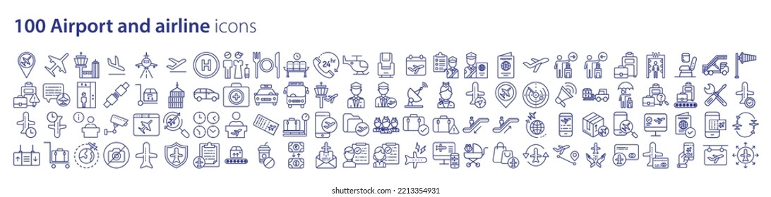 Collection of icons related to Airport and airline, including icons like airplane, baggage, flight and more. vector illustrations, Pixel Perfect