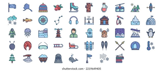 Collection of icons related to Alaska, including icons like Camping,  Snow, Constellation, Igloo and more. vector illustrations, Pixel Perfect set