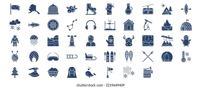 Collection of icons related to Alaska, including icons like Camping,  Snow, Constellation, Igloo and more. vector illustrations, Pixel Perfect set