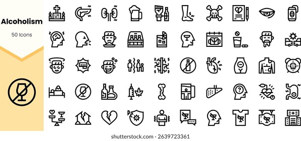 A collection of icons related to alcoholism, featuring various symbols like glasses, bottles, and health-related imagery. Ideal for educational and awareness campaigns.