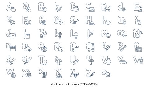 Collection of icons related to Alphabet and symbols, including icons like dog, cake, ant, apple and more. vector illustrations, Pixel Perfect set