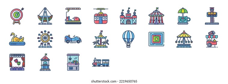 Collection of icons related to Amusement park and games, including icons like Archery, boat, Castle and more. vector illustrations, Pixel Perfect set