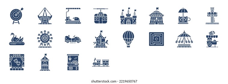 Collection of icons related to Amusement park and games, including icons like Archery, boat, Castle and more. vector illustrations, Pixel Perfect set