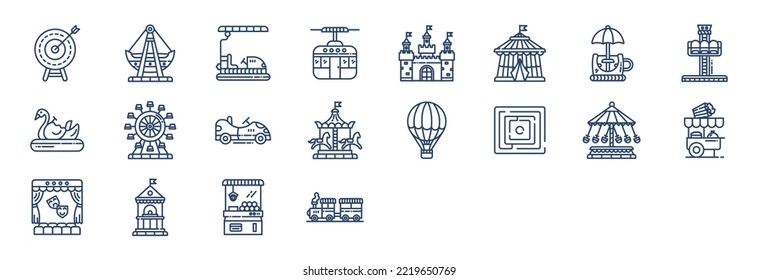 Collection of icons related to Amusement park and games, including icons like Archery, boat, Castle and more. vector illustrations, Pixel Perfect set