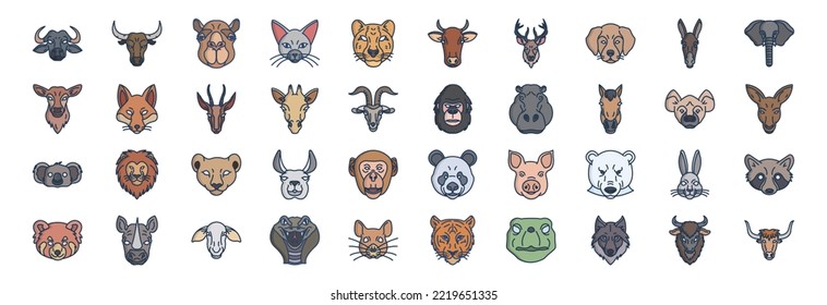 Collection of icons related to Animal Faces, including icons like Dog, Elephant, Cat, Camel and more. vector illustrations, Pixel Perfect set
