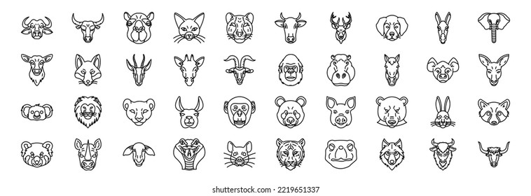 Collection of icons related to Animal Faces, including icons like Dog, Elephant, Cat, Camel and more. vector illustrations, Pixel Perfect set
