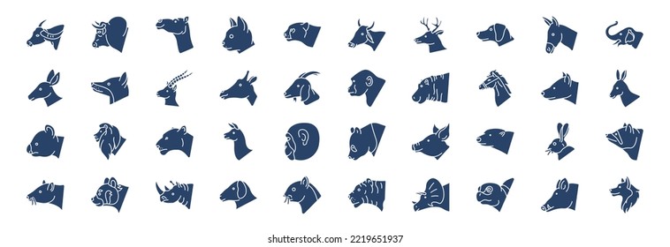 Collection of icons related to Animal Head, including icons like Bull, Cat, Panda, Lion and more. vector illustrations, Pixel Perfect set
