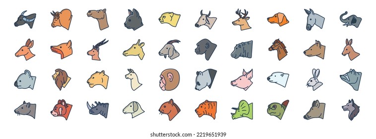 Collection of icons related to Animal Head, including icons like Bull, Cat, Panda, Lion and more. vector illustrations, Pixel Perfect set
