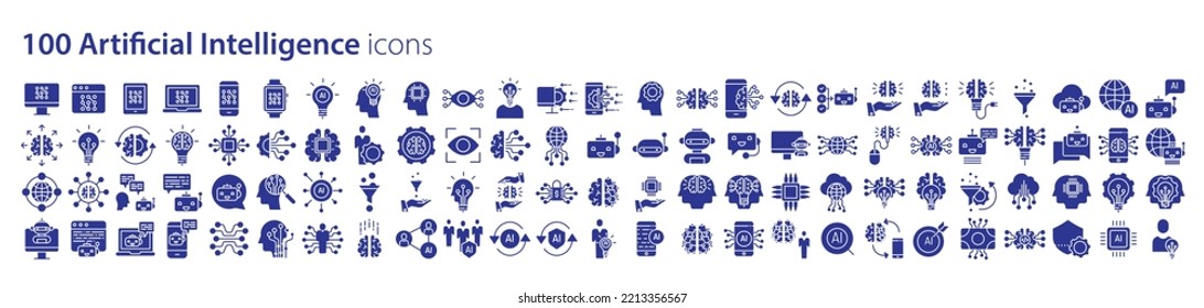 Collection of icons related to Artificial intelligence and machine learning, including icons like Monitor, web, phone, Laptop and more. vector illustrations, Pixel Perfect