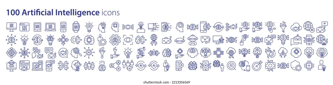 Collection of icons related to Artificial intelligence and machine learning, including icons like Monitor, web, phone, Laptop and more. vector illustrations, Pixel Perfect